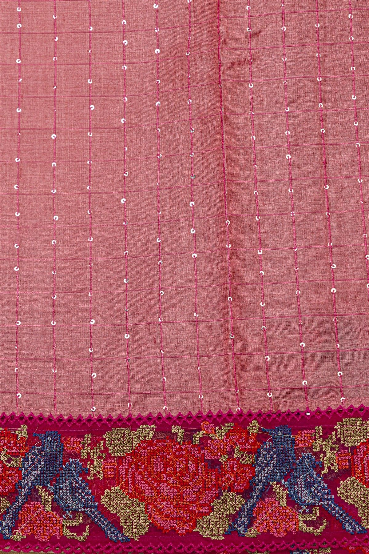 Fancy Tussar Dark Pink Saree With Cross Stich Work Border