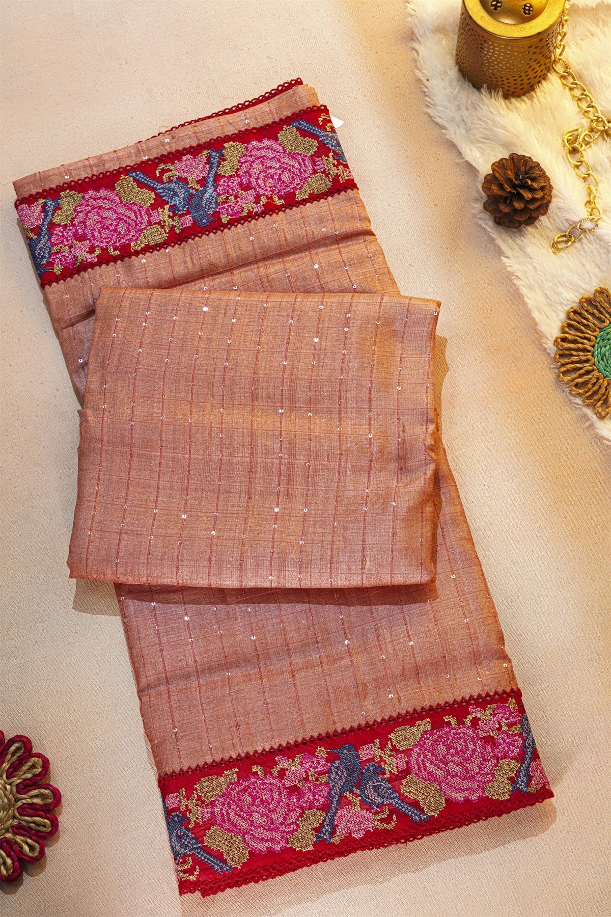 Fancy Tussar Peach Pink Saree With Cross Stich Work Border