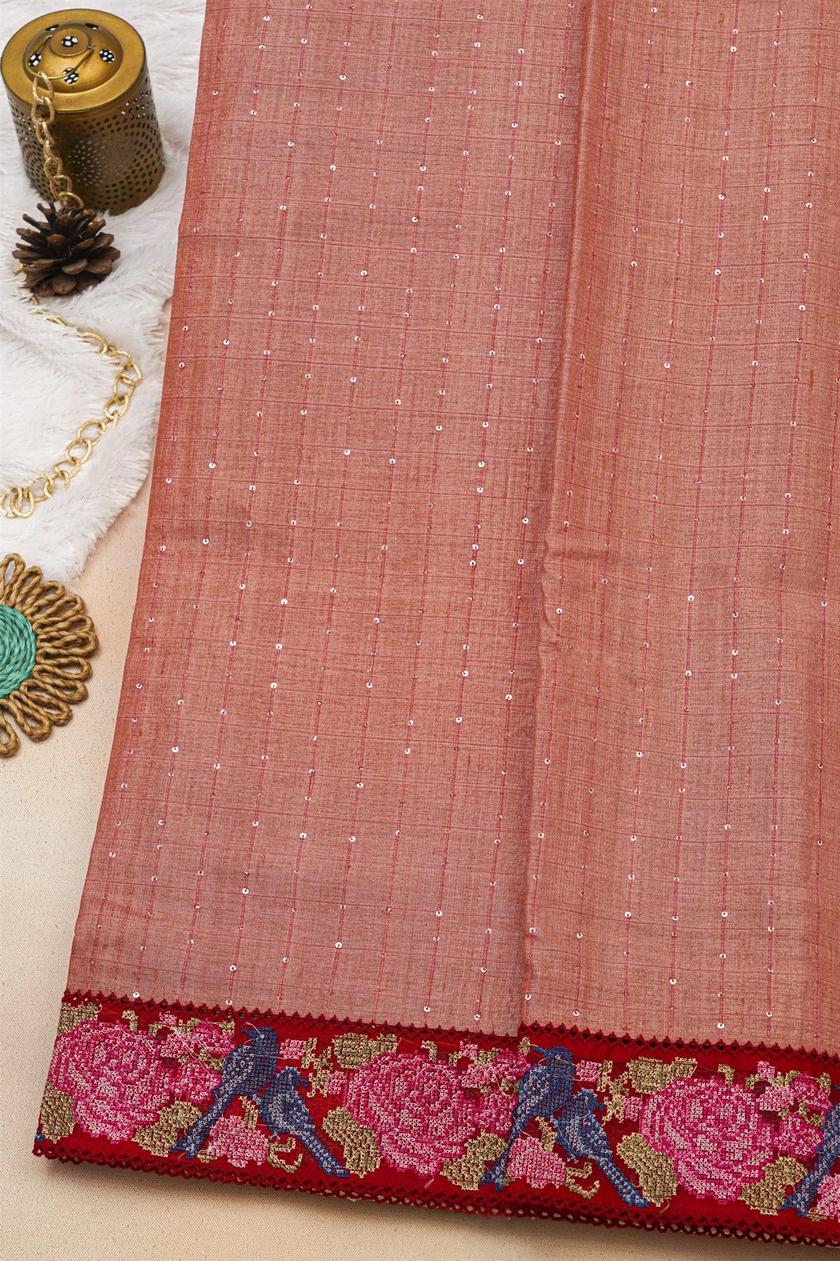 Fancy Tussar Peach Pink Saree With Cross Stich Work Border