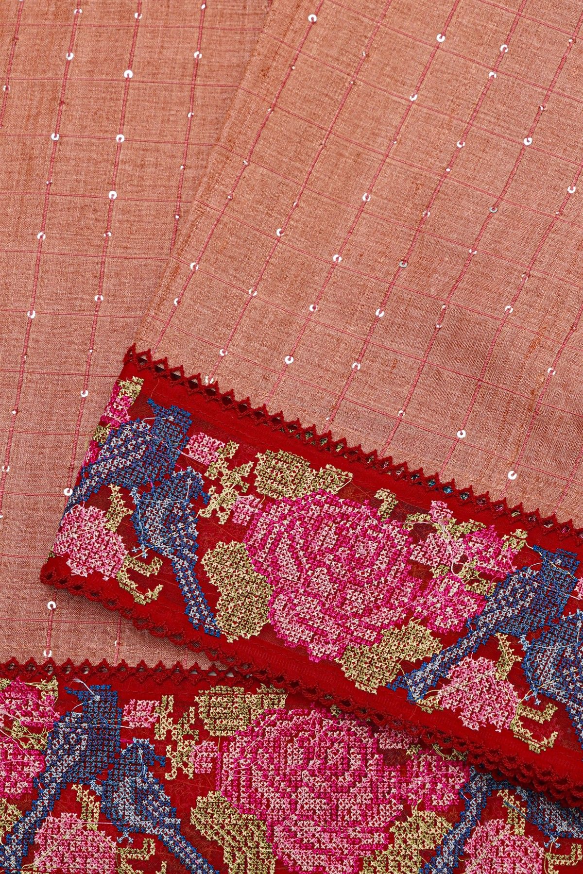 Fancy Tussar Peach Pink Saree With Cross Stich Work Border