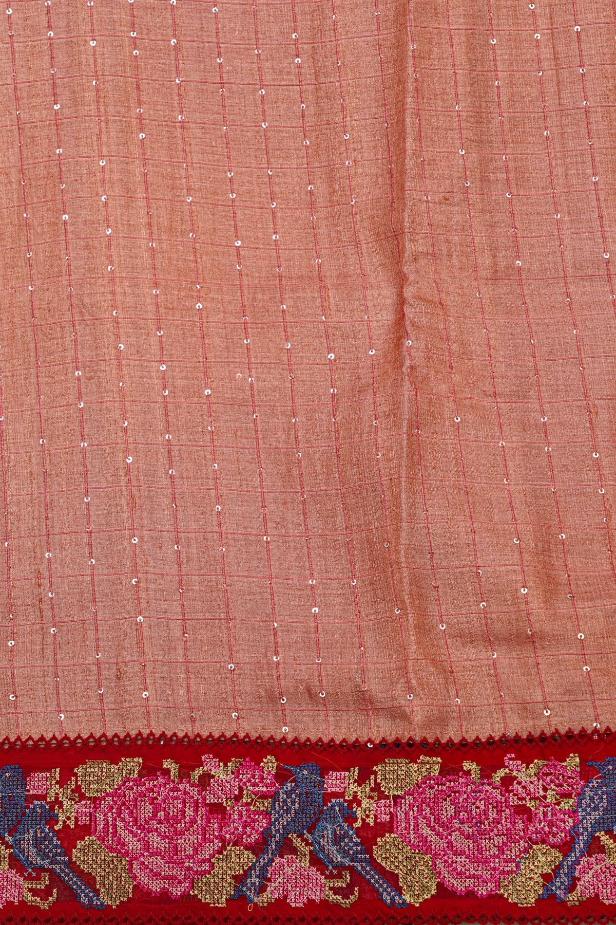 Fancy Tussar Peach Pink Saree With Cross Stich Work Border