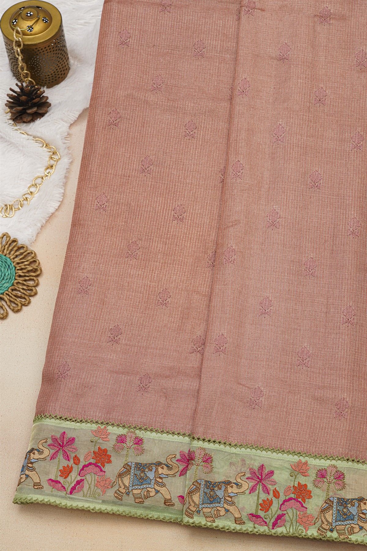 Fancy Tussar Onion Pink Saree With Cross Stich Work Border