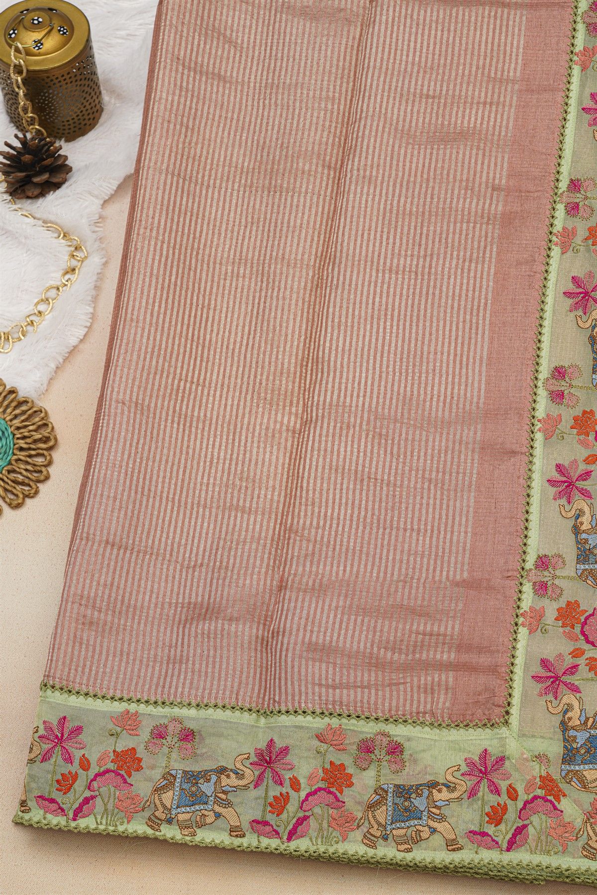 Fancy Tussar Onion Pink Saree With Cross Stich Work Border