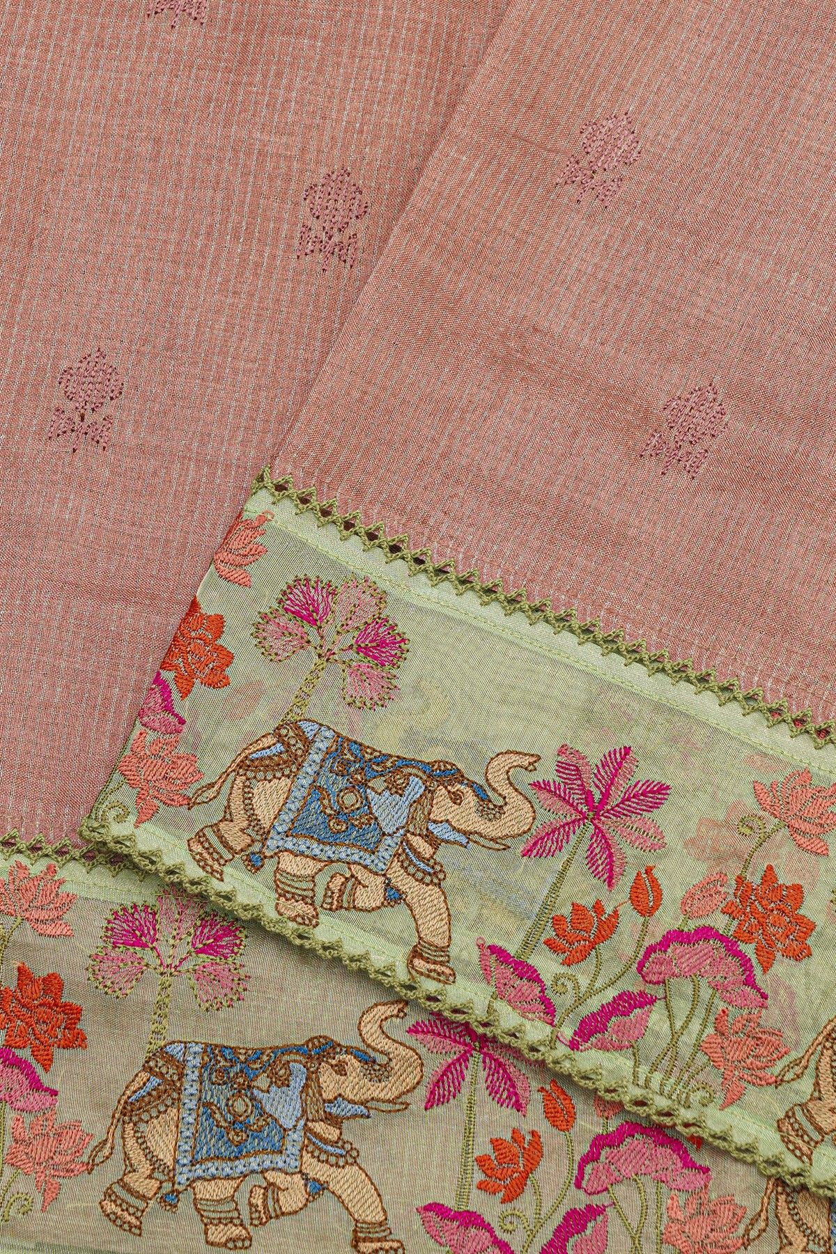 Fancy Tussar Onion Pink Saree With Cross Stich Work Border