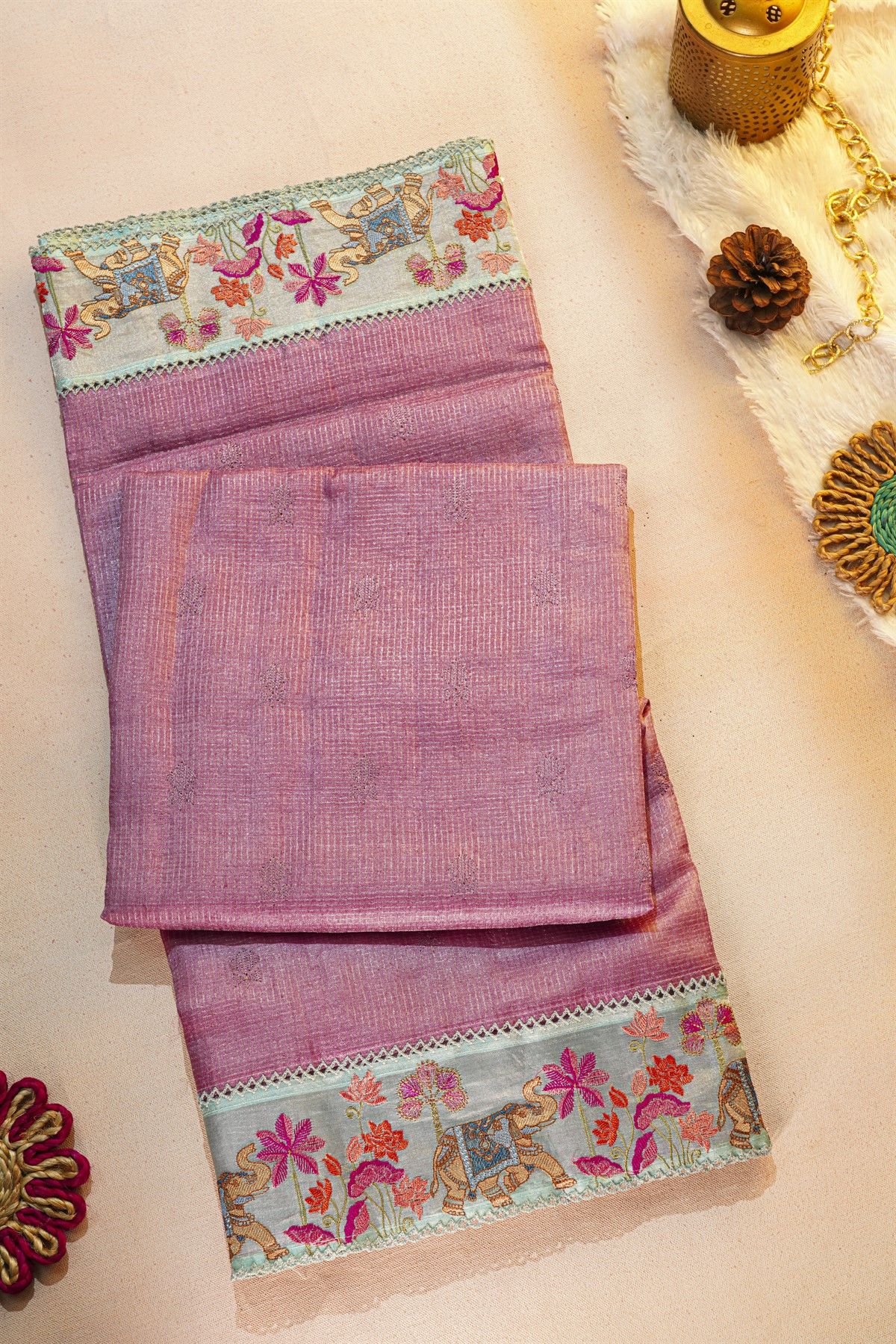 Fancy Tussar Dark Mauve Saree With Florals And Animals In Thread Work Border