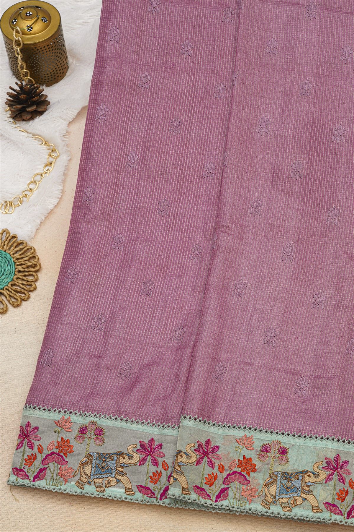 Fancy Tussar Dark Mauve Saree With Florals And Animals In Thread Work Border