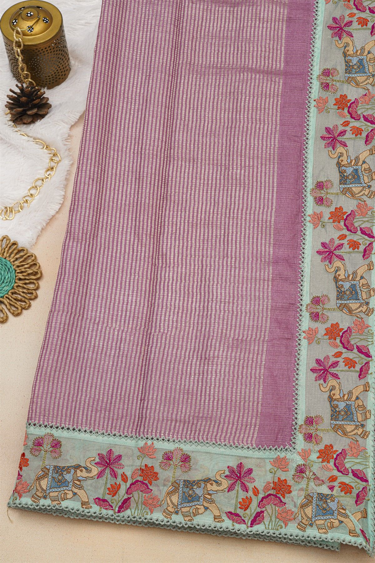Fancy Tussar Dark Mauve Saree With Florals And Animals In Thread Work Border