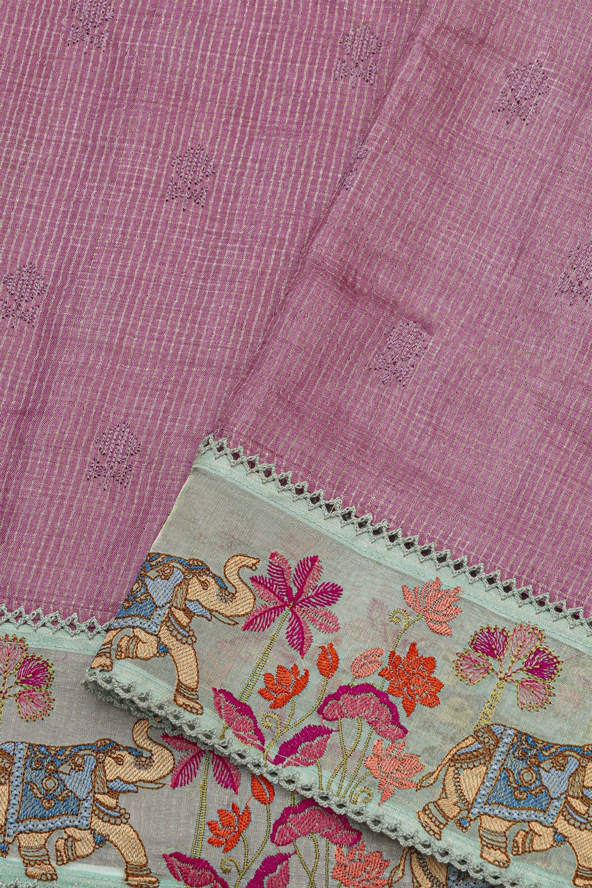 Fancy Tussar Dark Mauve Saree With Florals And Animals In Thread Work Border