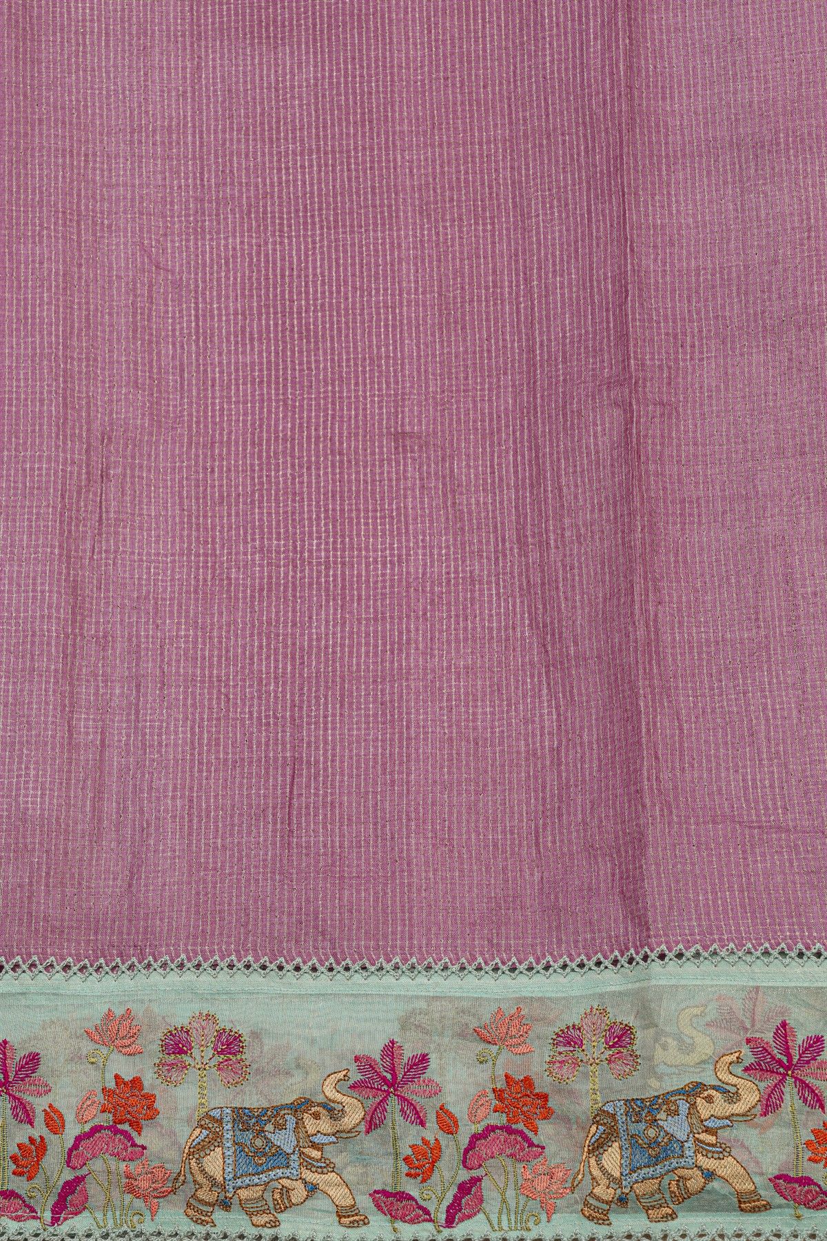 Fancy Tussar Dark Mauve Saree With Florals And Animals In Thread Work Border