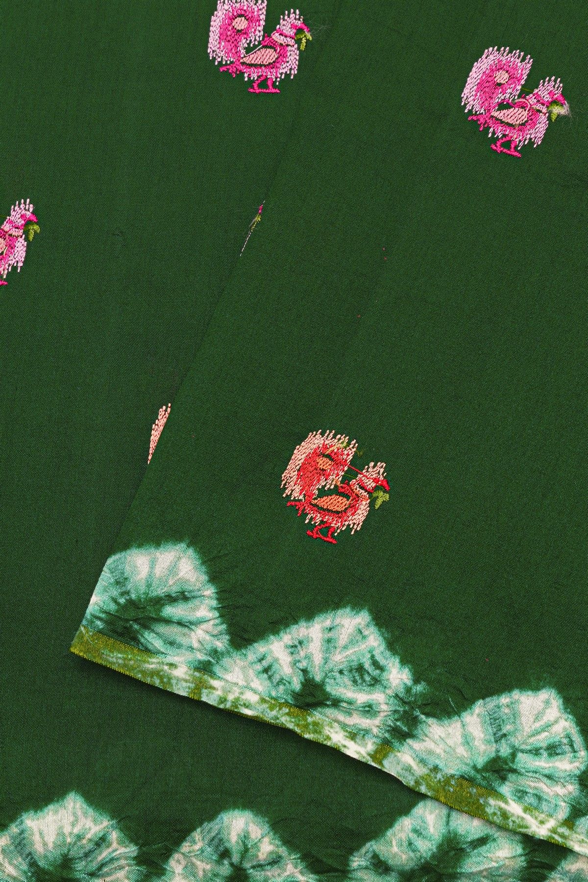 Fancy Tussar Bottle Green Saree With Bird Buttis In Thread Work Body