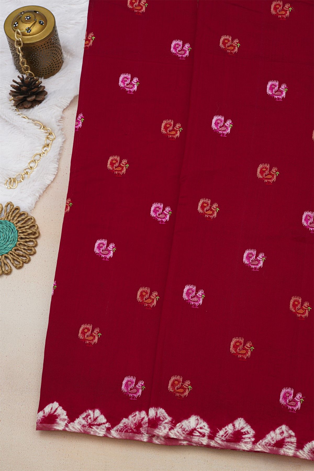 Fancy Tussar Red Saree With Bird Buttis In Thread Work Body