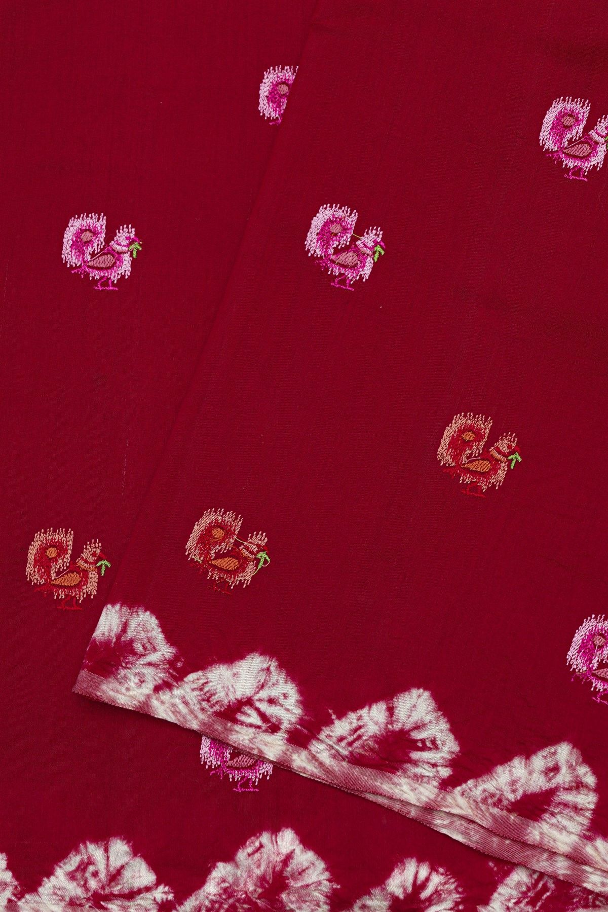 Fancy Tussar Red Saree With Bird Buttis In Thread Work Body