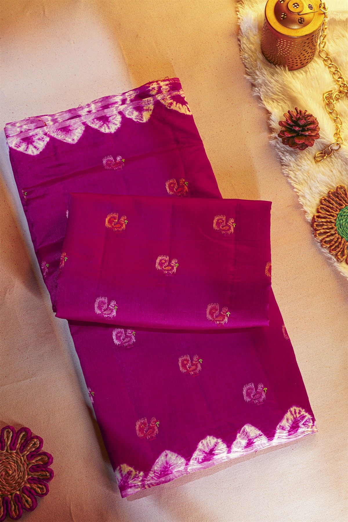Fancy Tussar Rani Pink Saree With Bird Buttis In Thread Work Body