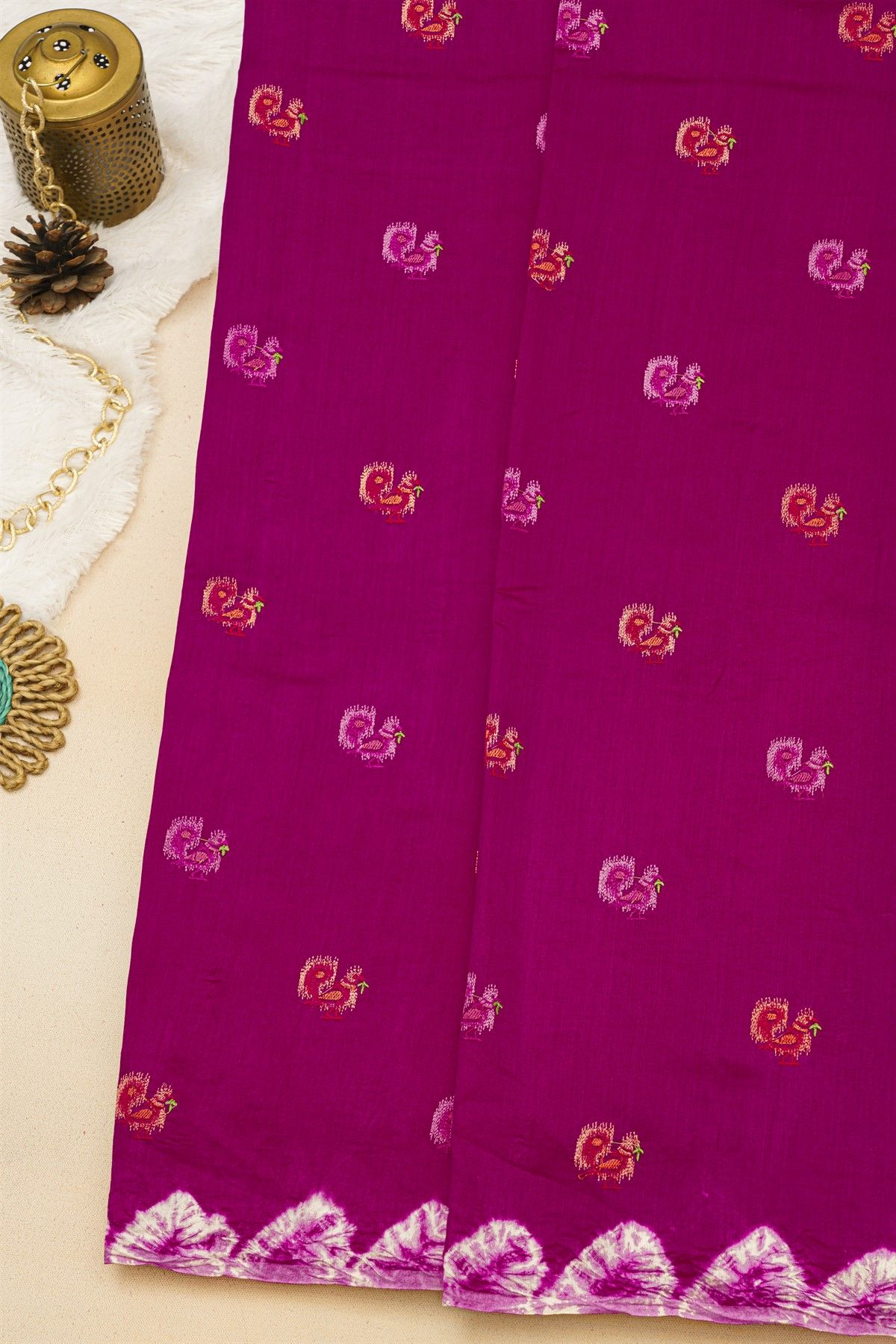 Fancy Tussar Rani Pink Saree With Bird Buttis In Thread Work Body
