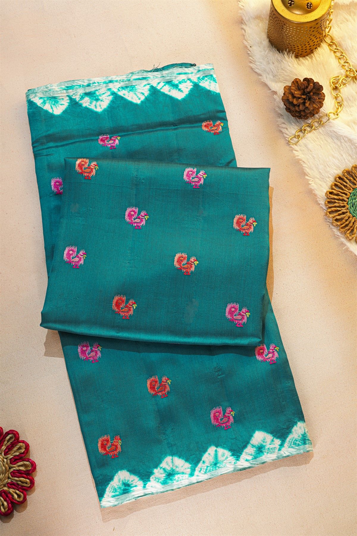 Fancy Tussar Peacock Green Saree With Bird Buttis In Thread Work Body