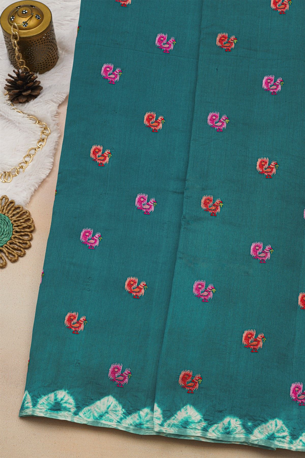 Fancy Tussar Peacock Green Saree With Bird Buttis In Thread Work Body