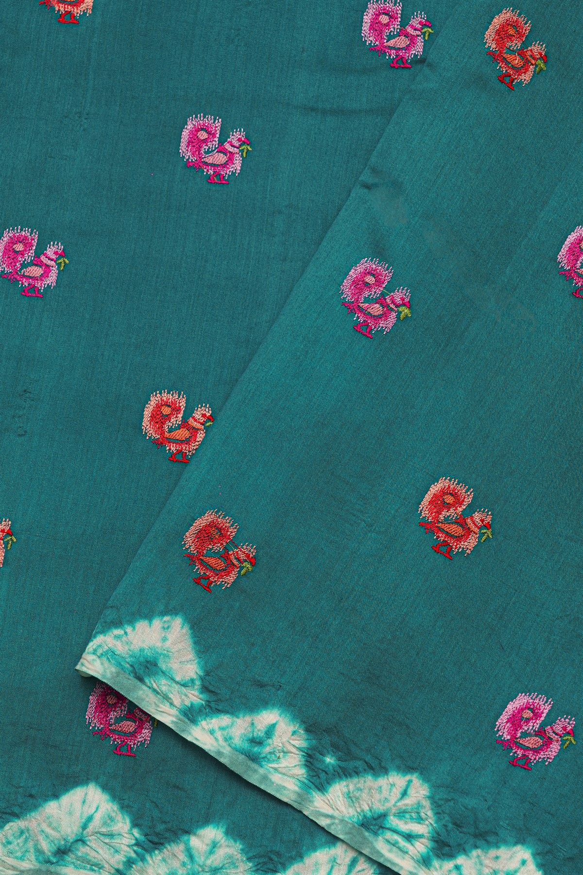 Fancy Tussar Peacock Green Saree With Bird Buttis In Thread Work Body