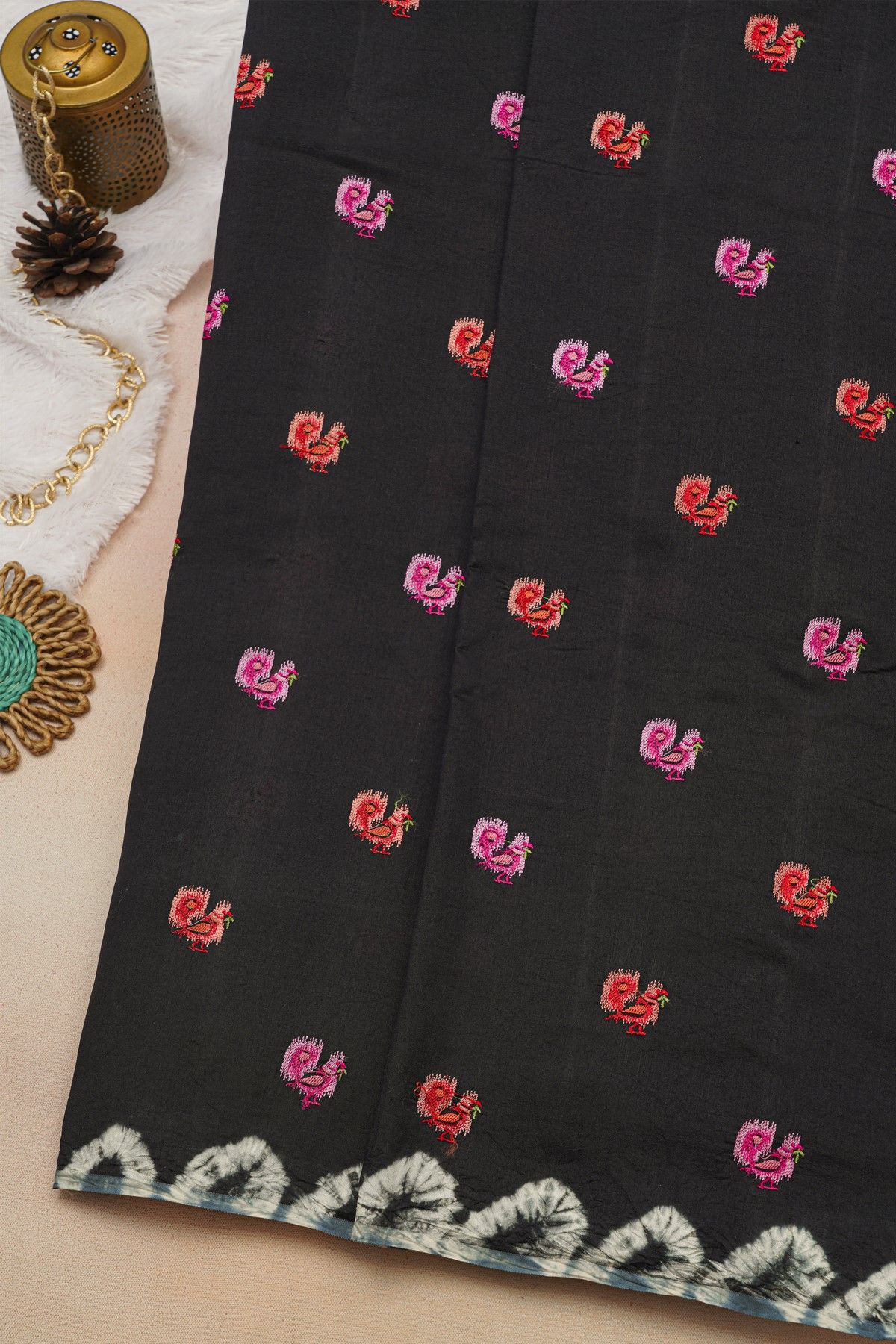 Fancy Tussar Black Saree With Bird Buttis In Thread Work Body