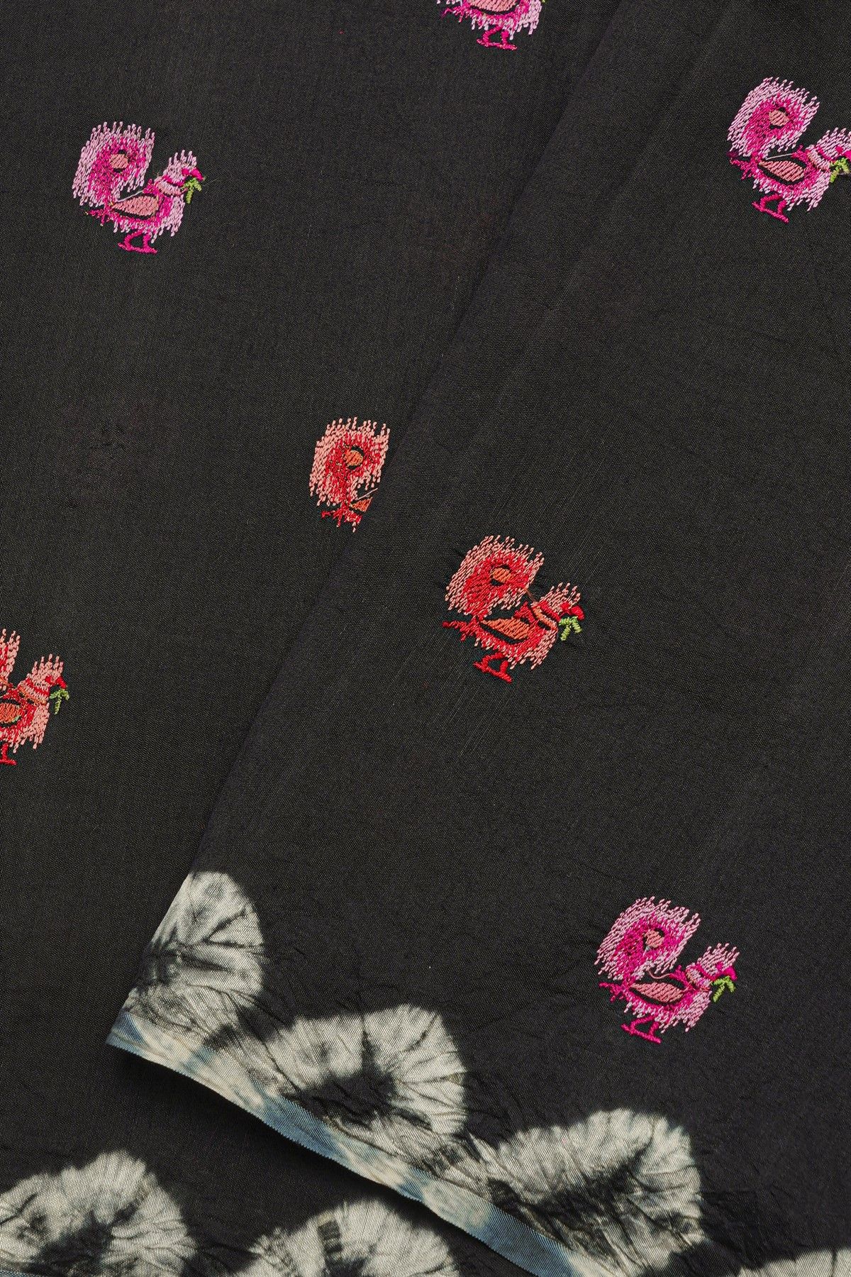 Fancy Tussar Black Saree With Bird Buttis In Thread Work Body