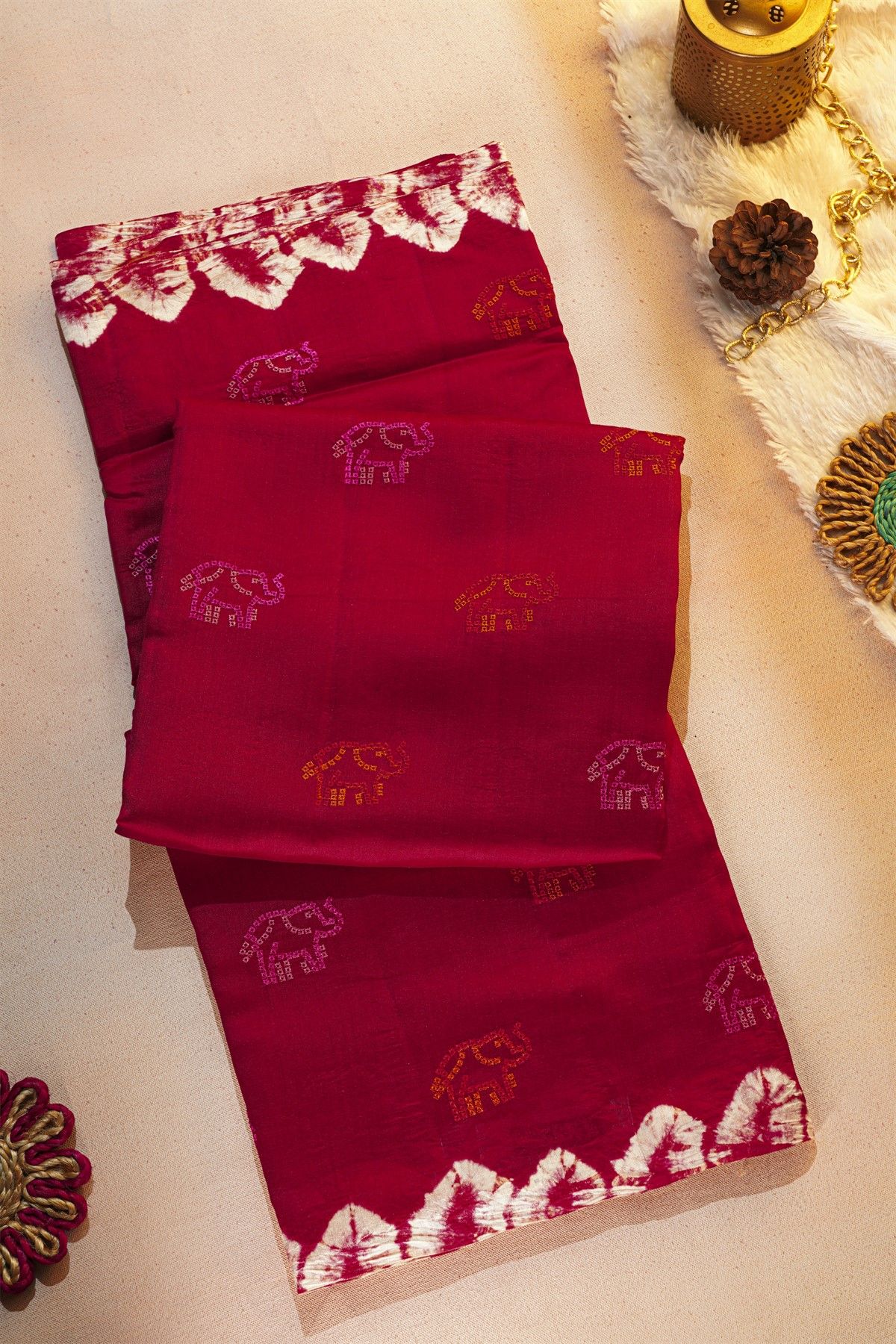 Fancy Tussar Red Saree With Elephant Buttis In Thread Work Body
