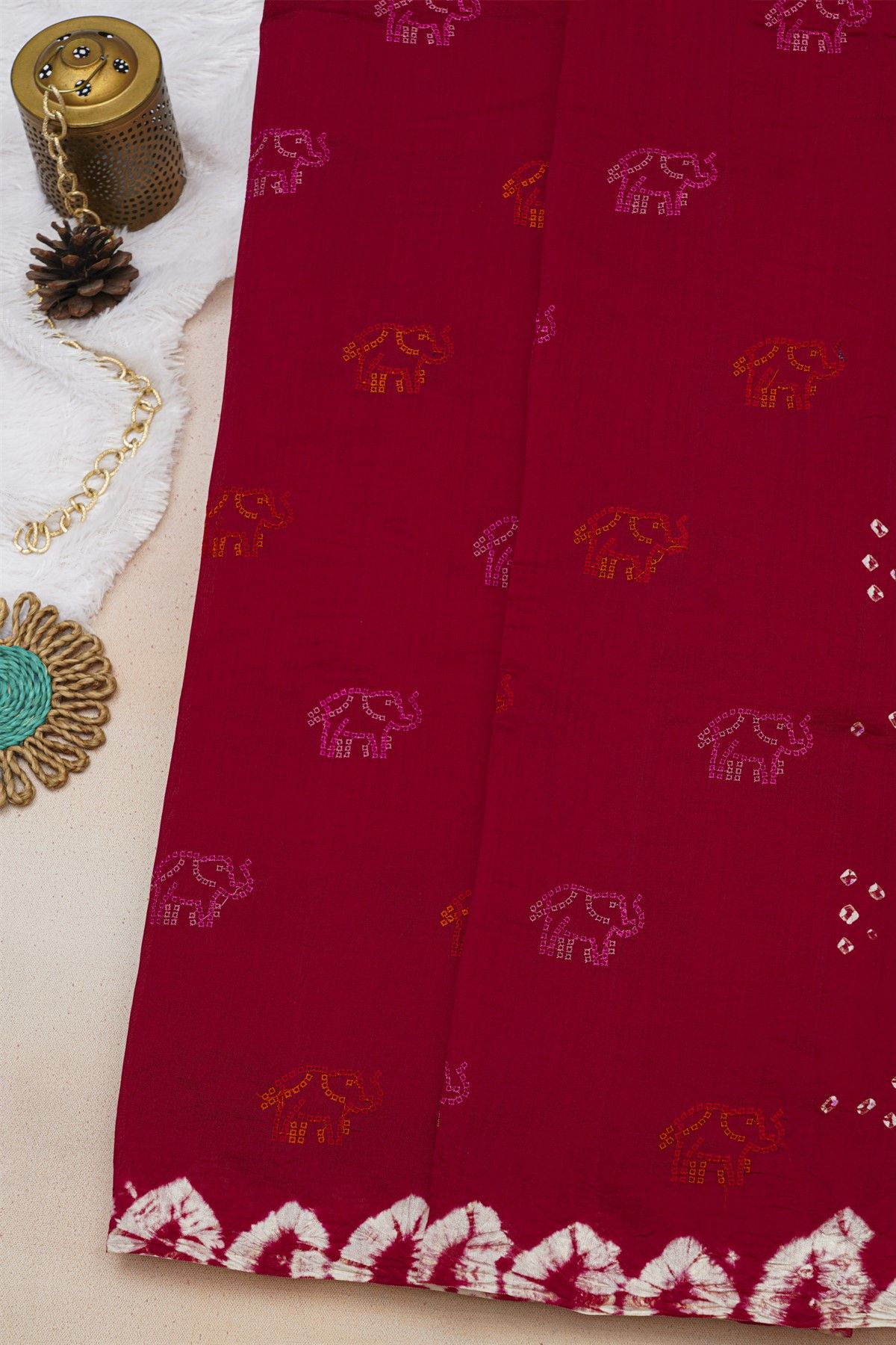 Fancy Tussar Red Saree With Elephant Buttis In Thread Work Body