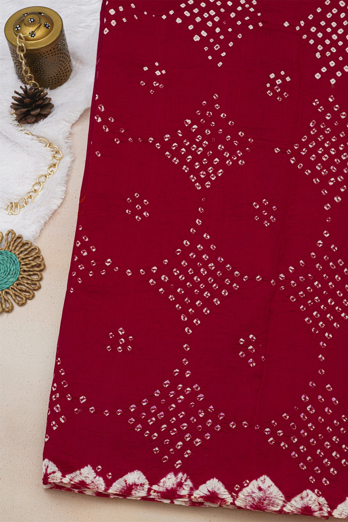 Fancy Tussar Red Saree With Elephant Buttis In Thread Work Body