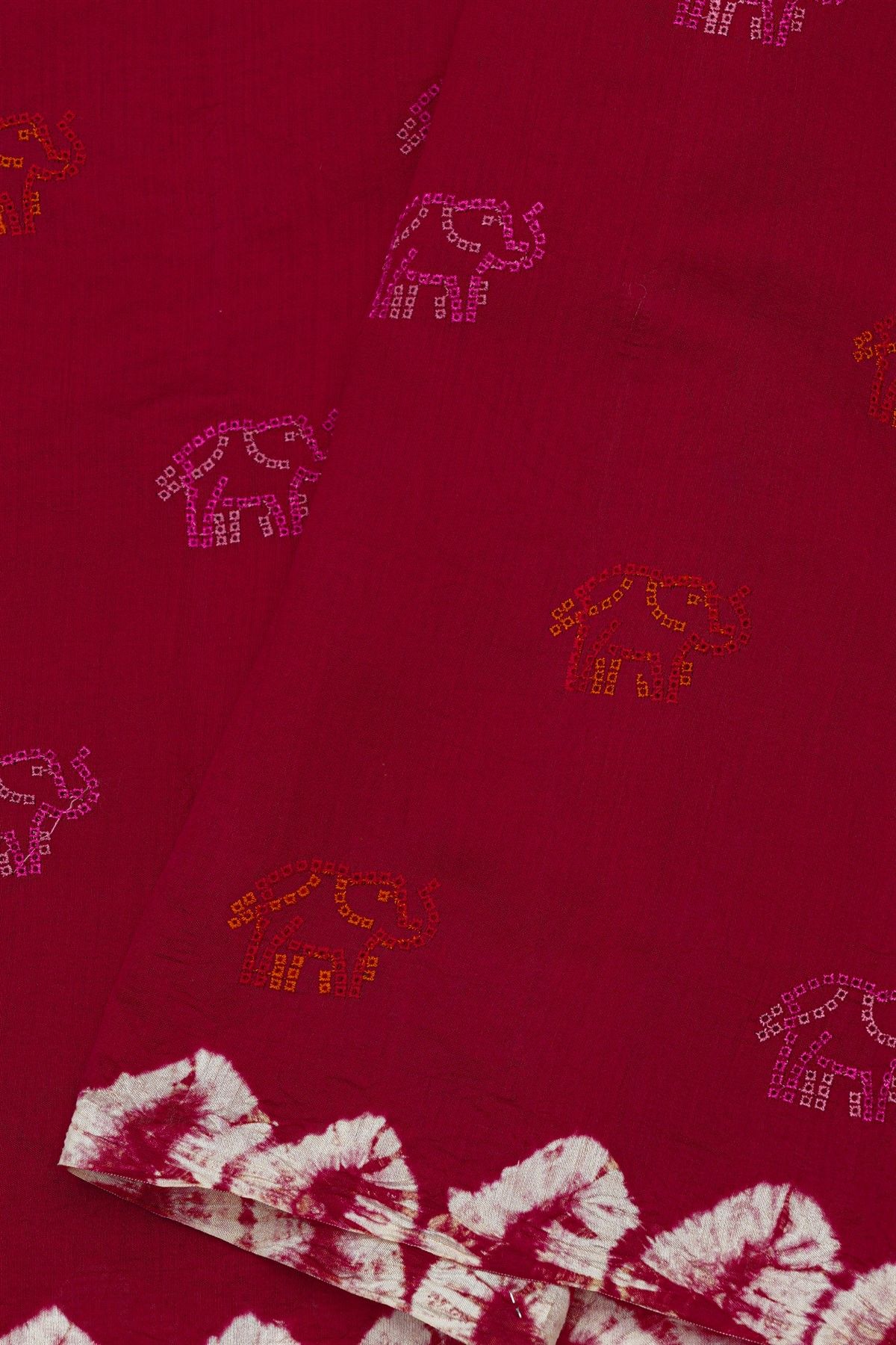 Fancy Tussar Red Saree With Elephant Buttis In Thread Work Body