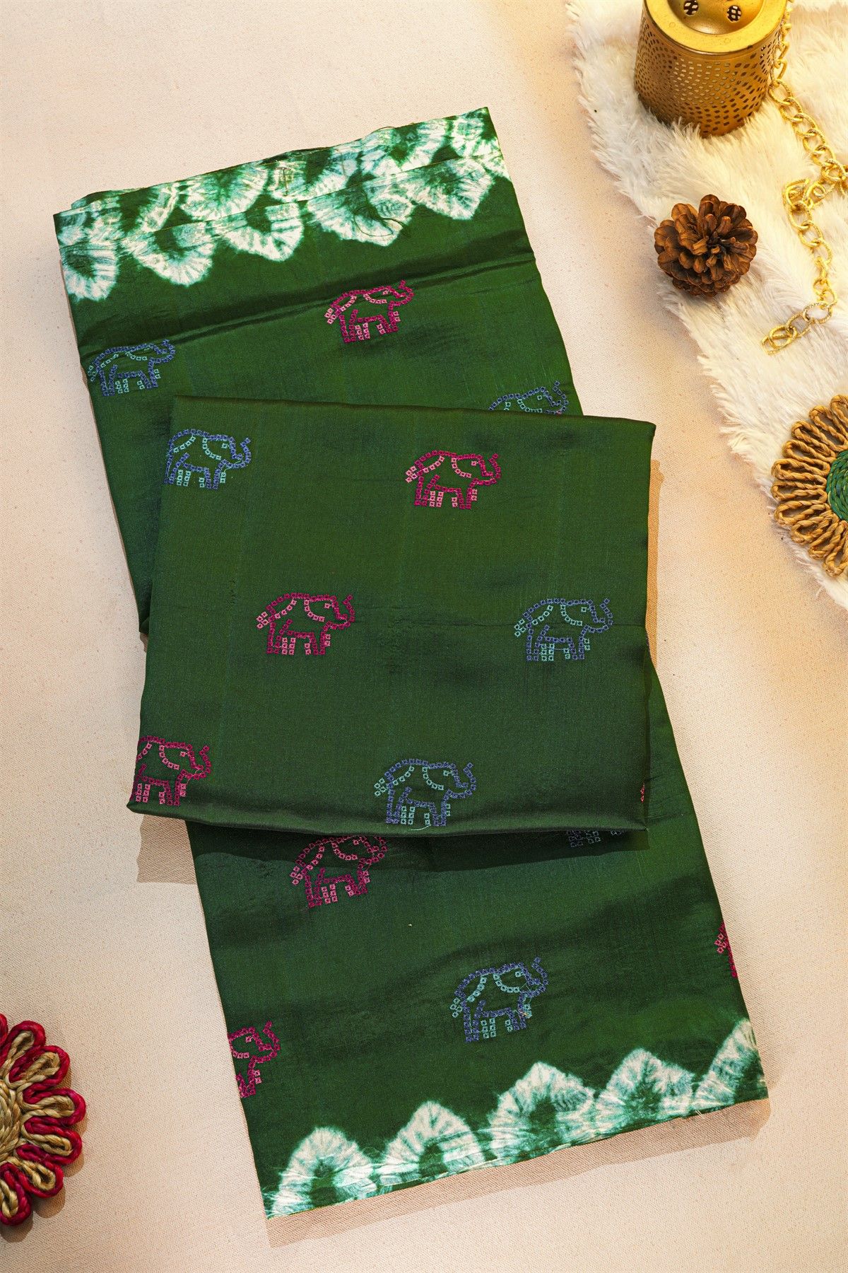 Fancy Tussar Bottle Green Saree With Elephant Buttis In Thread Work Body