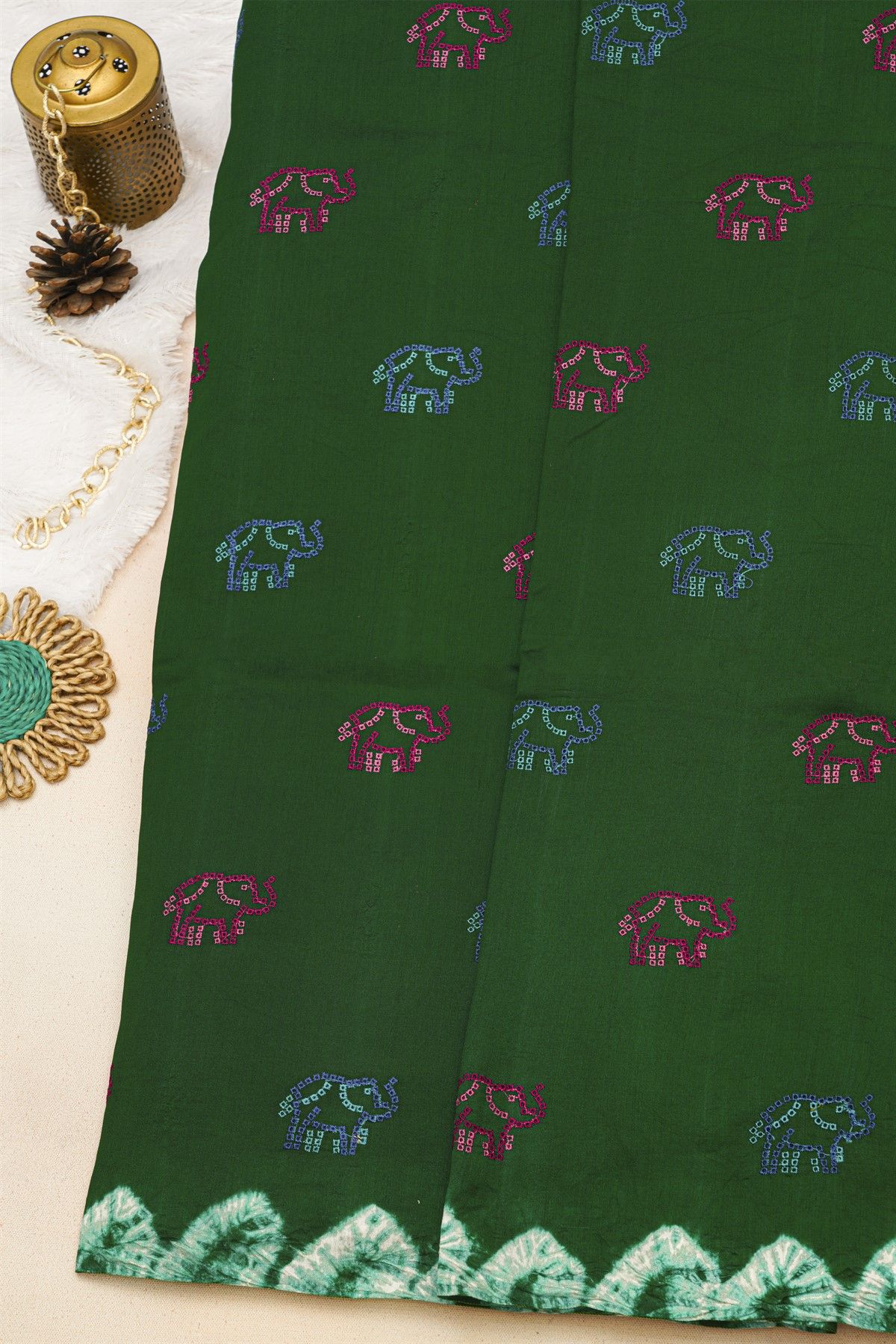 Fancy Tussar Bottle Green Saree With Elephant Buttis In Thread Work Body