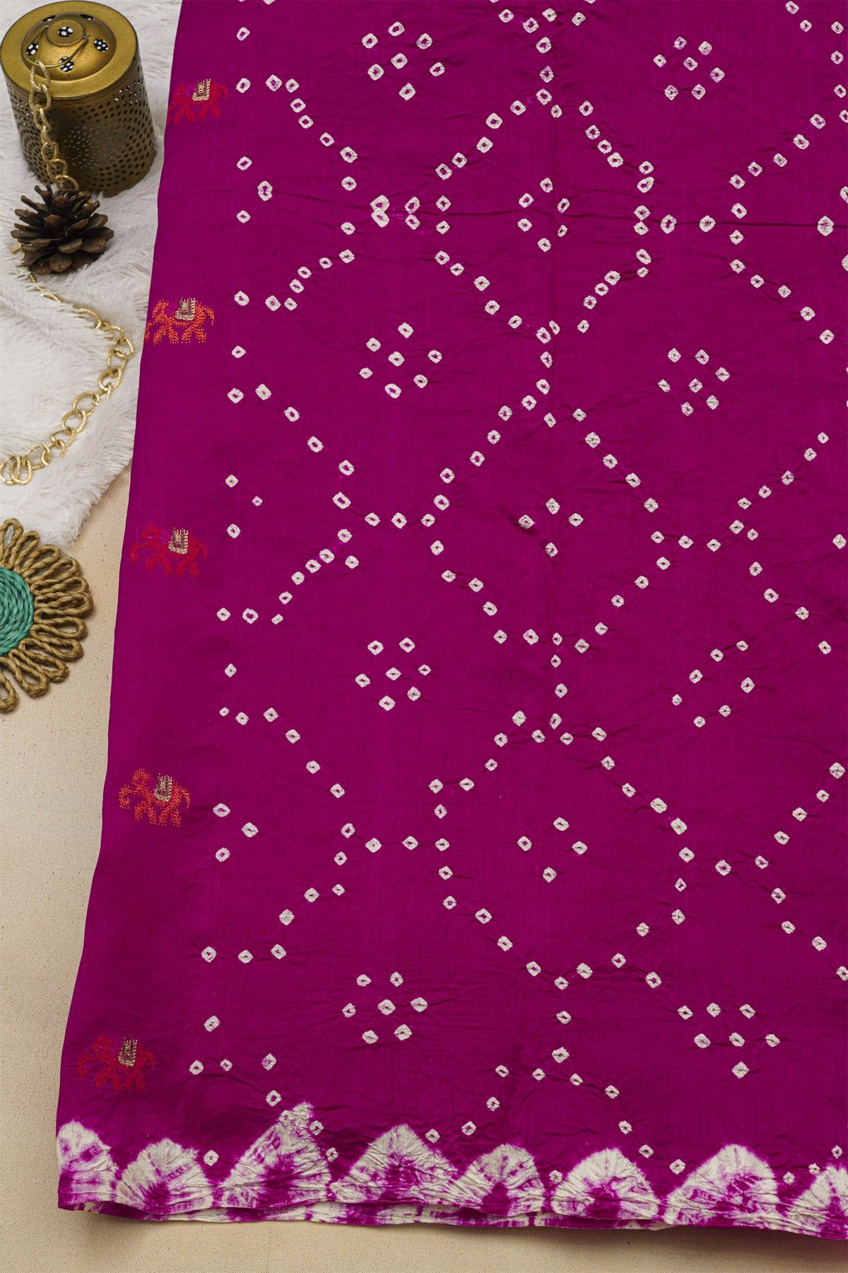 Fancy Tussar Rani Pink Saree With Elephant Buttis In Thread Work Body
