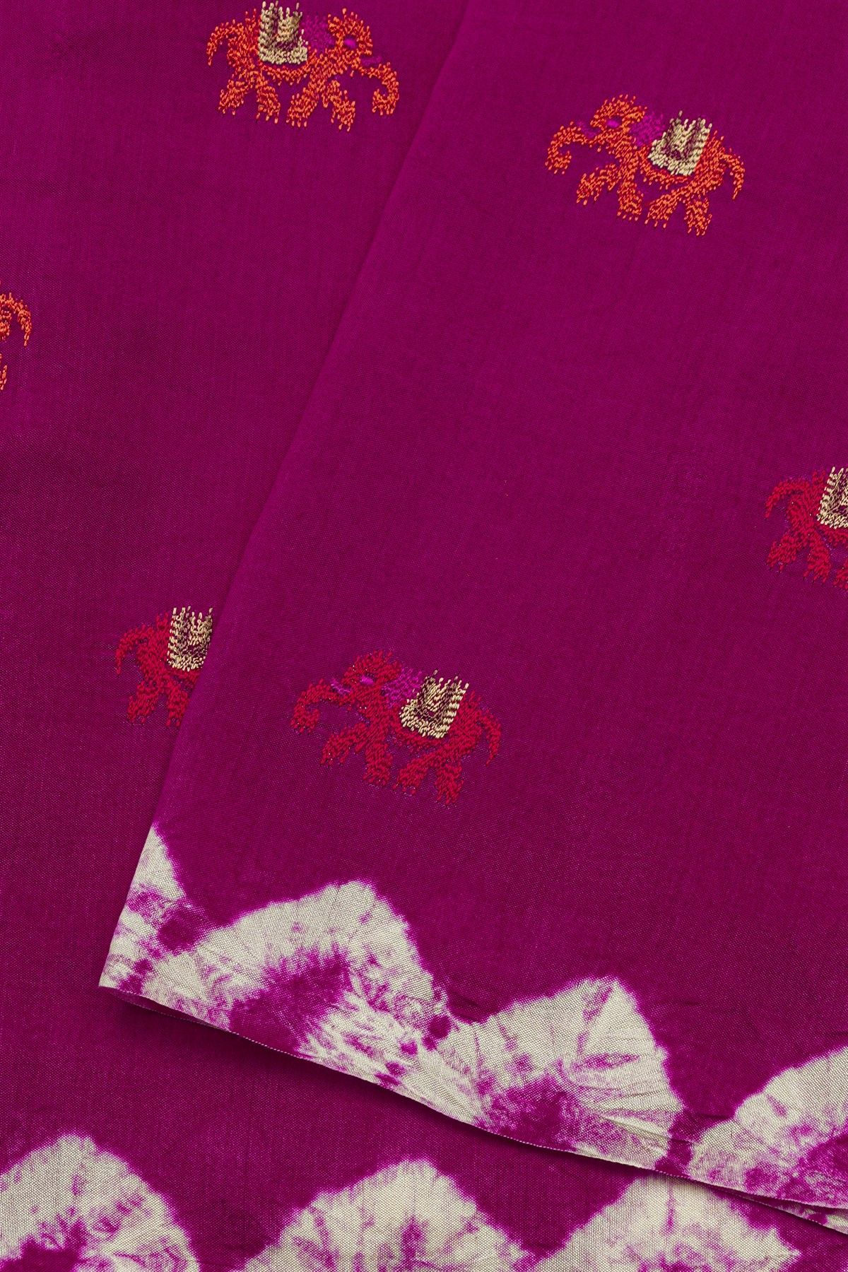 Fancy Tussar Rani Pink Saree With Elephant Buttis In Thread Work Body