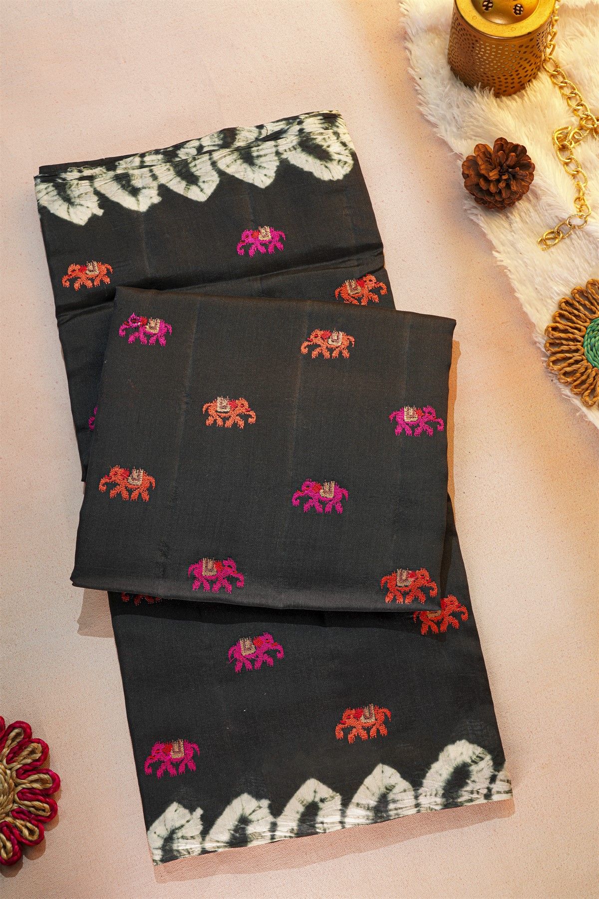 Fancy Tussar Black Saree With Elephant Buttis In Thread Work Body