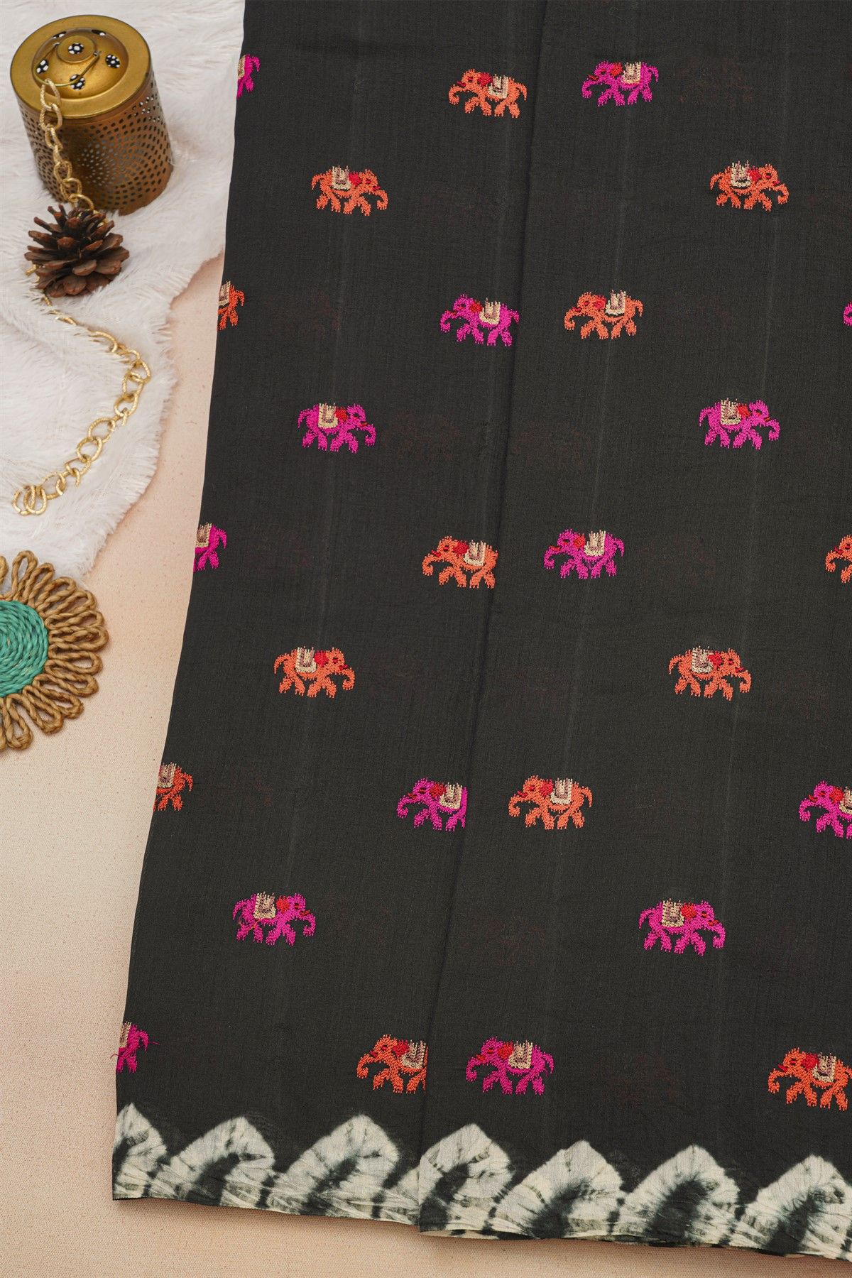 Fancy Tussar Black Saree With Elephant Buttis In Thread Work Body
