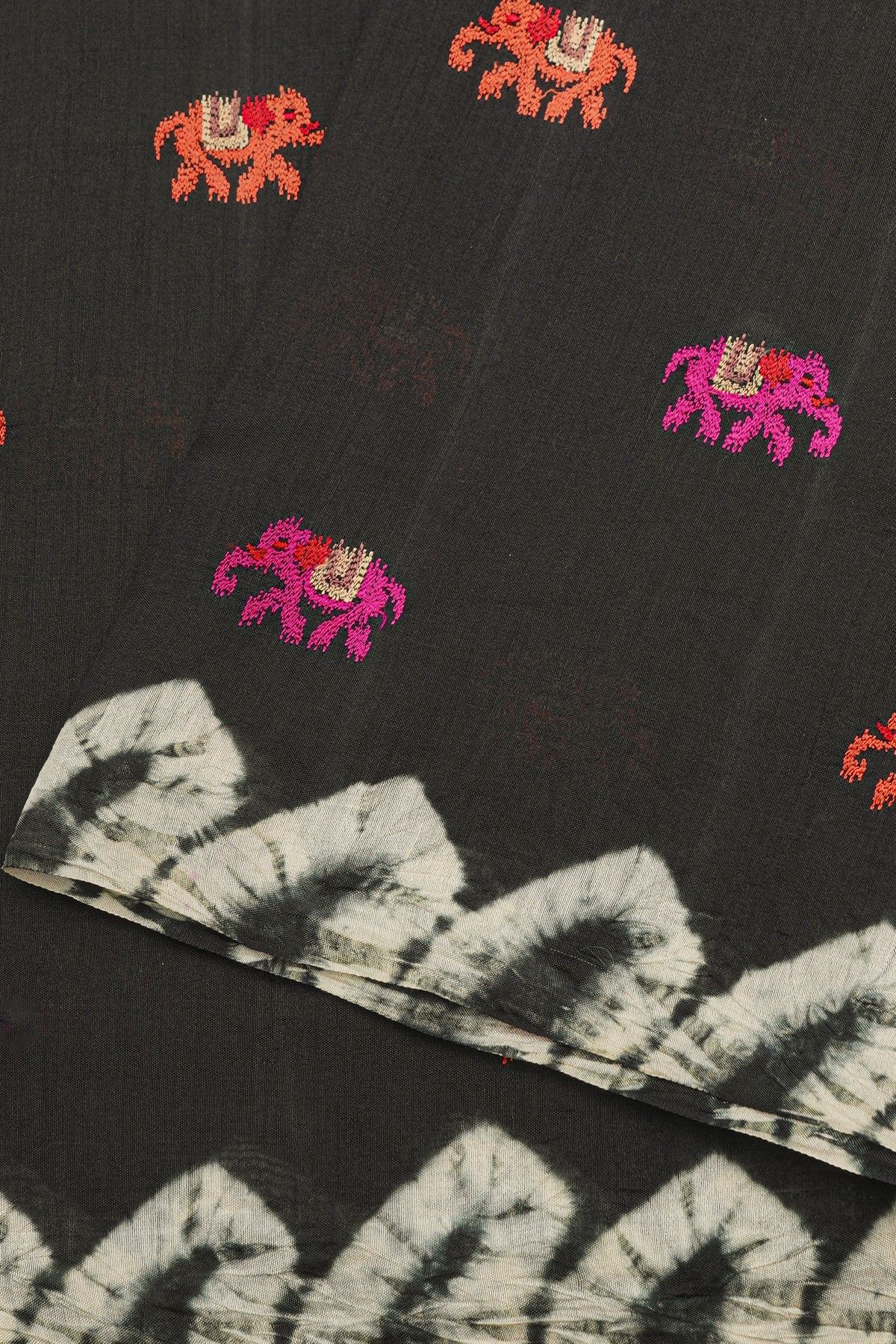 Fancy Tussar Black Saree With Elephant Buttis In Thread Work Body