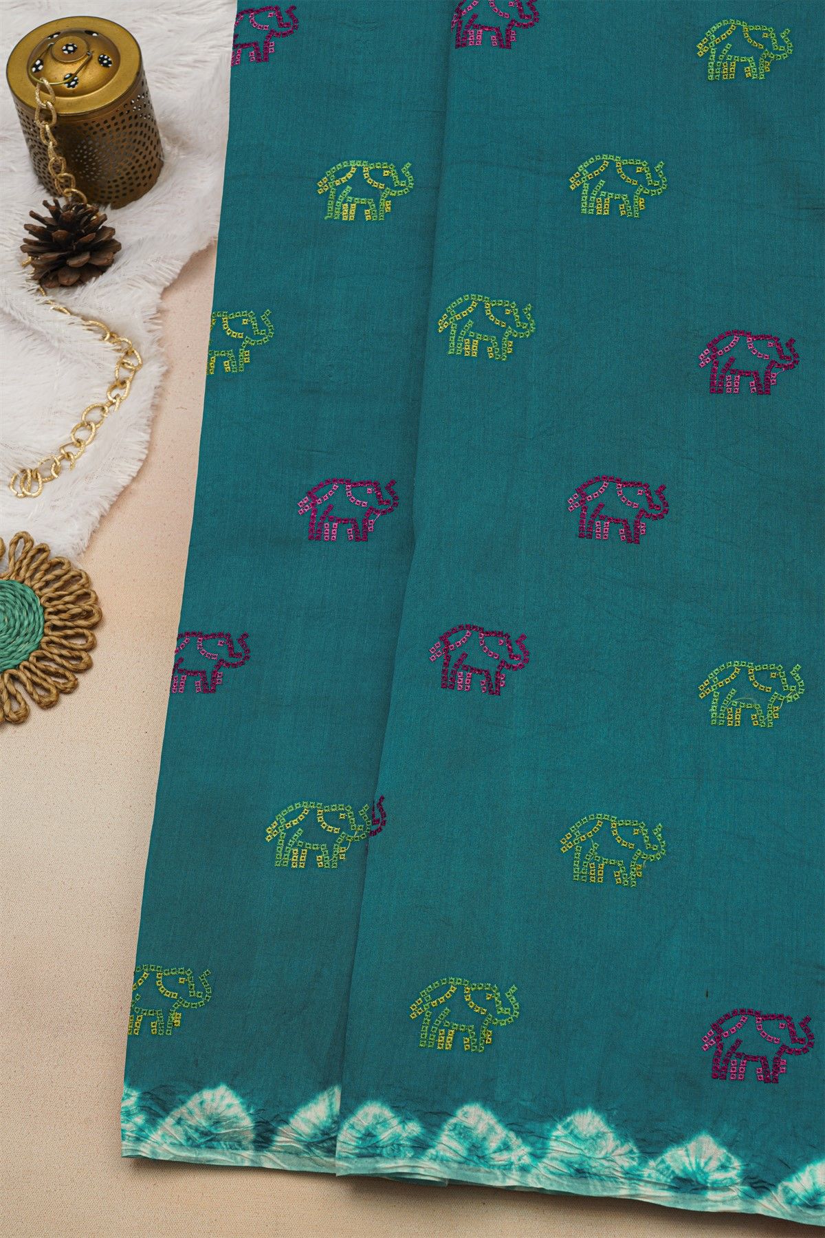 Fancy Tussar Teal Green Saree With Elephant Buttis In Thread Work Body