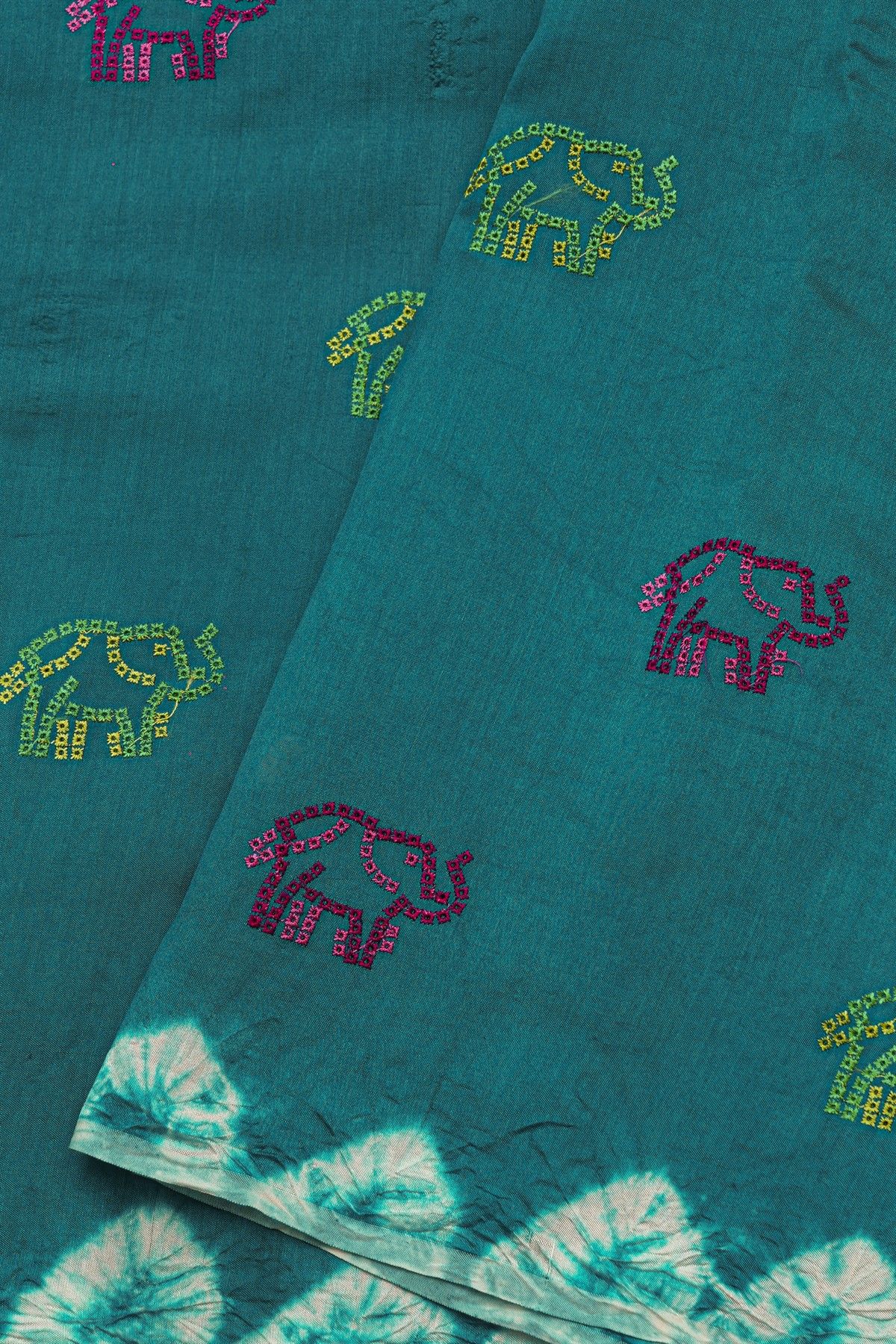 Fancy Tussar Teal Green Saree With Elephant Buttis In Thread Work Body