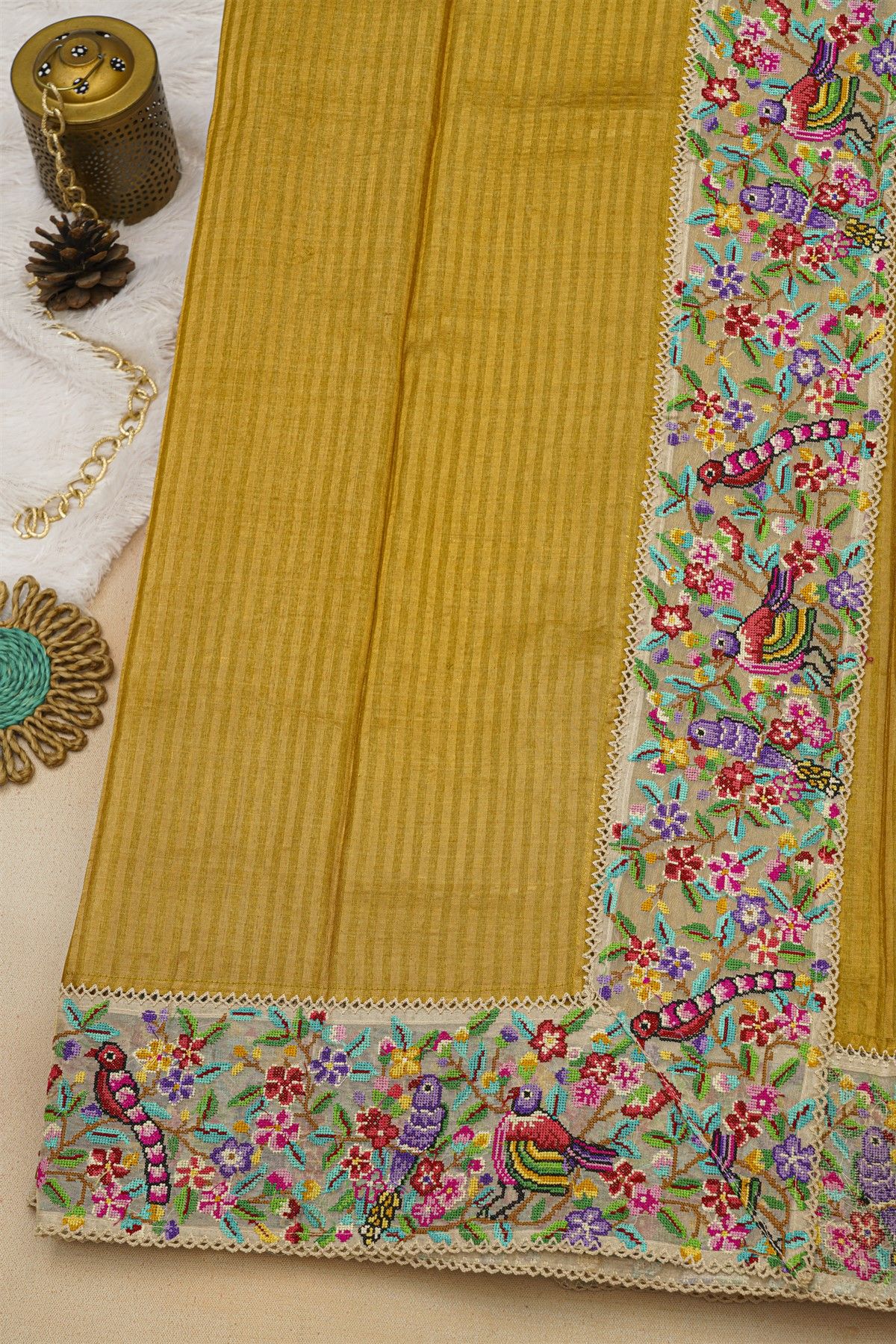 Fancy Tussar Mustard Yellow Saree With Florals And Birds In Thread Work Border
