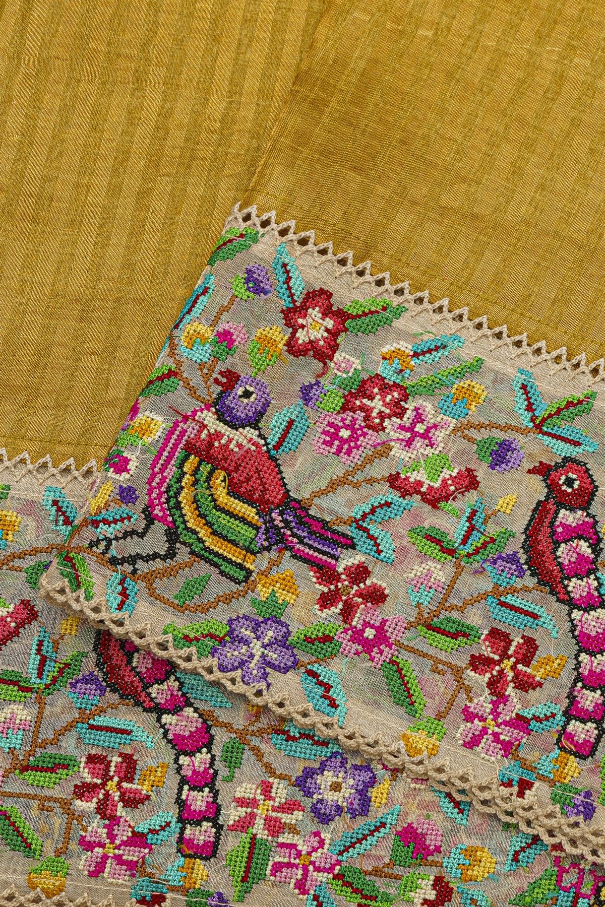 Fancy Tussar Mustard Yellow Saree With Florals And Birds In Thread Work Border