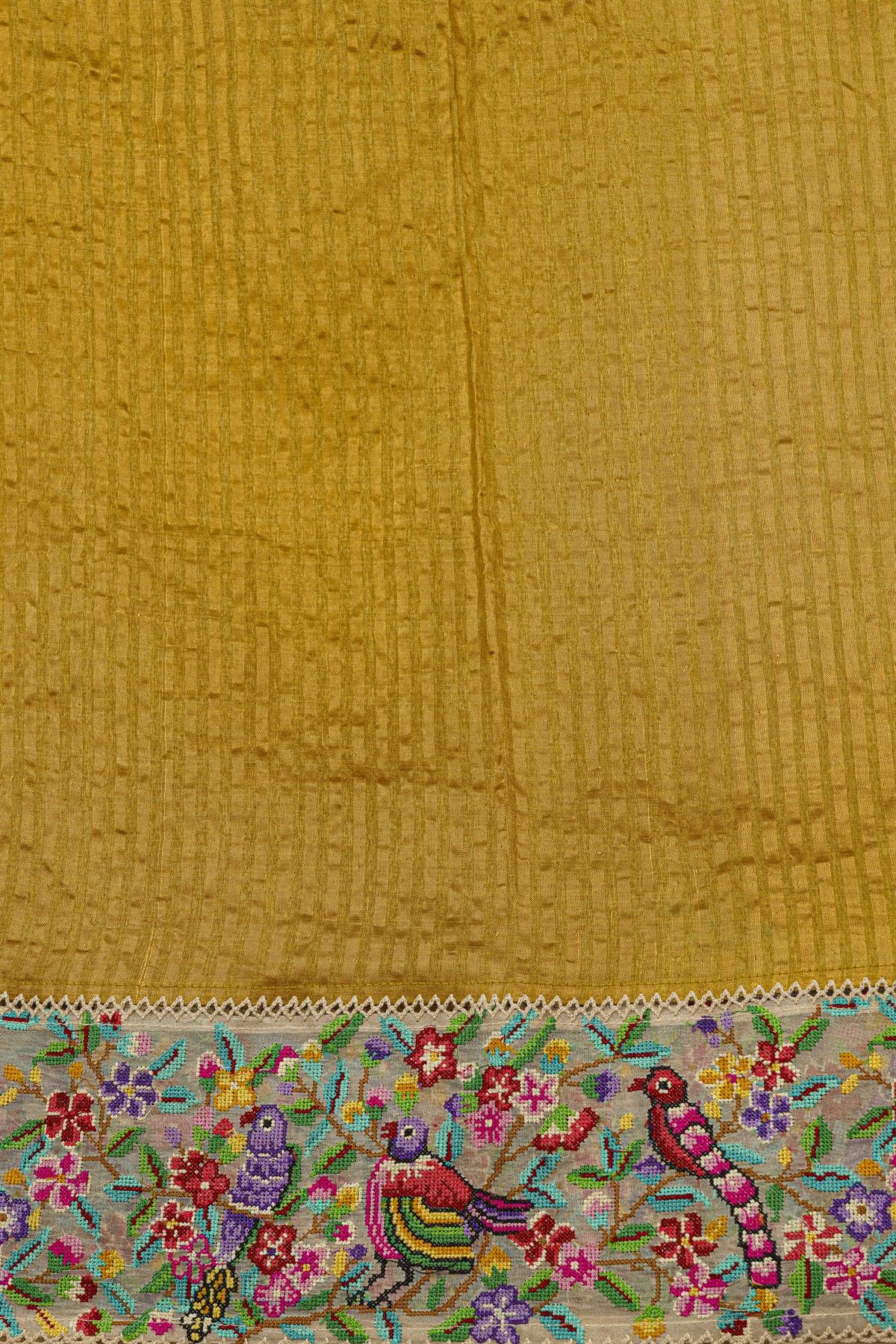 Fancy Tussar Mustard Yellow Saree With Florals And Birds In Thread Work Border