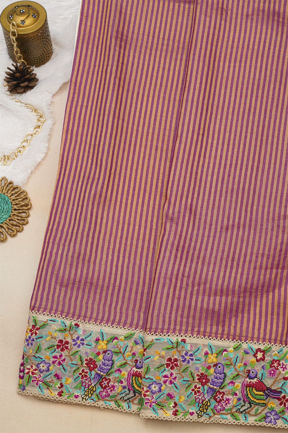 Fancy Tussar Dual Colour Saree With Florals And Birds In Thread Work Border