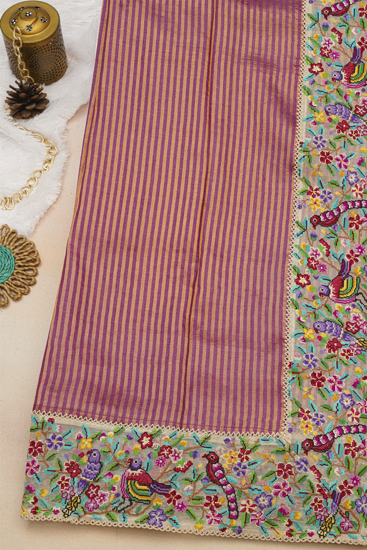 Fancy Tussar Dual Colour Saree With Florals And Birds In Thread Work Border