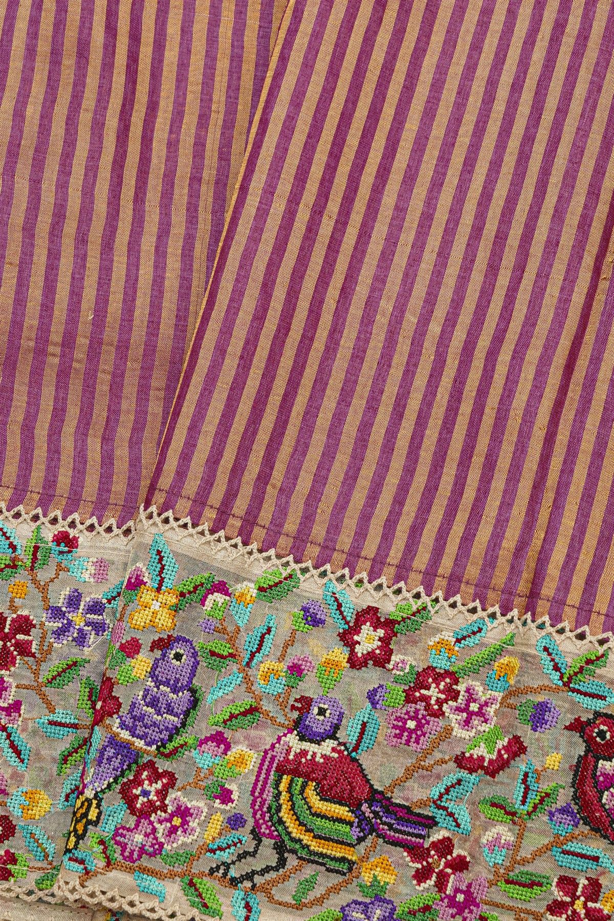 Fancy Tussar Dual Colour Saree With Florals And Birds In Thread Work Border