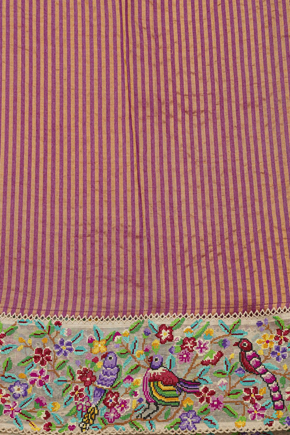 Fancy Tussar Dual Colour Saree With Florals And Birds In Thread Work Border