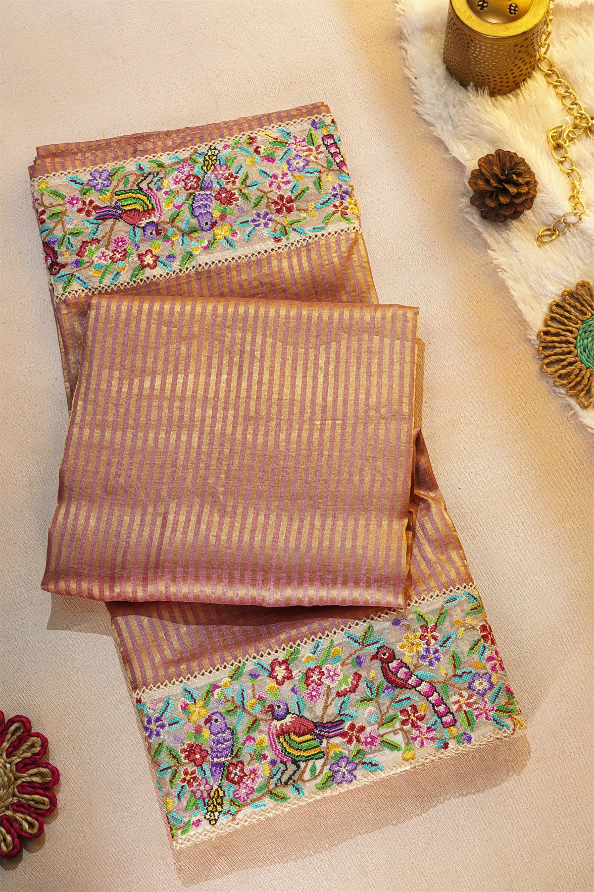 Fancy Tussar Dual Colour Saree With Florals And Birds In Thread Work Border
