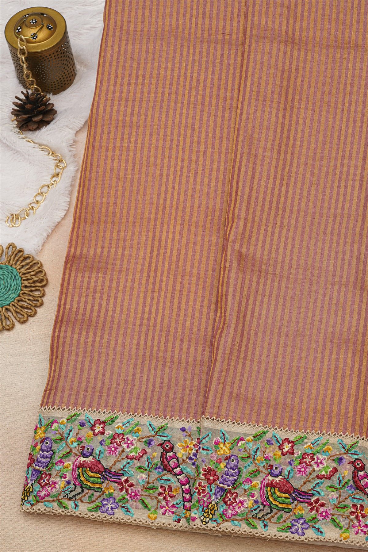 Fancy Tussar Dual Colour Saree With Florals And Birds In Thread Work Border