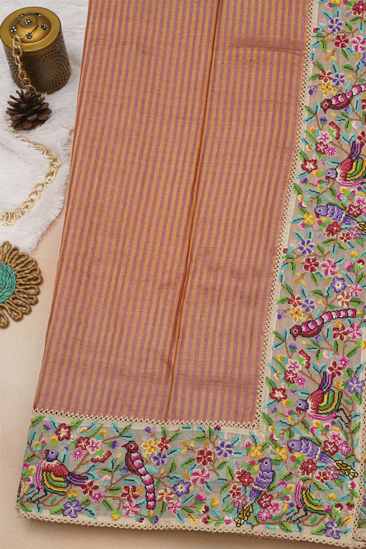 Fancy Tussar Dual Colour Saree With Florals And Birds In Thread Work Border