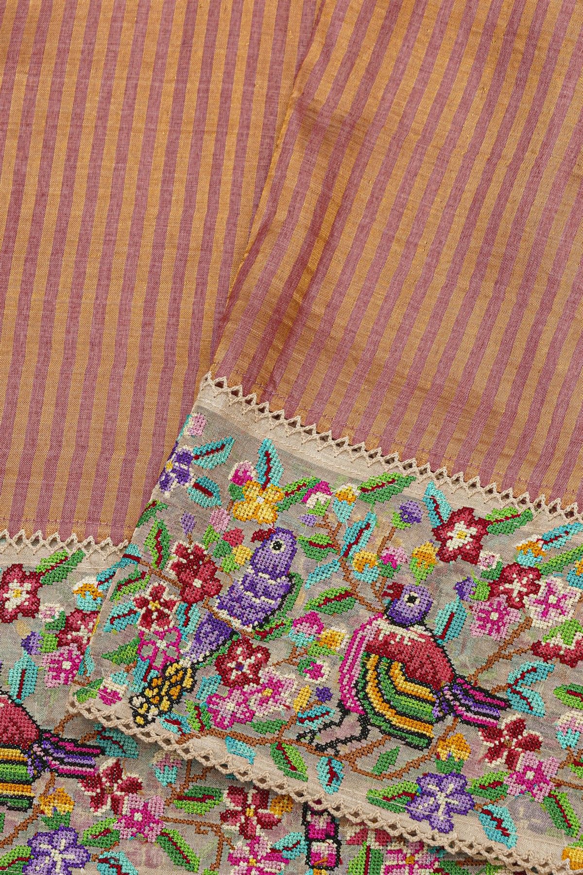 Fancy Tussar Dual Colour Saree With Florals And Birds In Thread Work Border