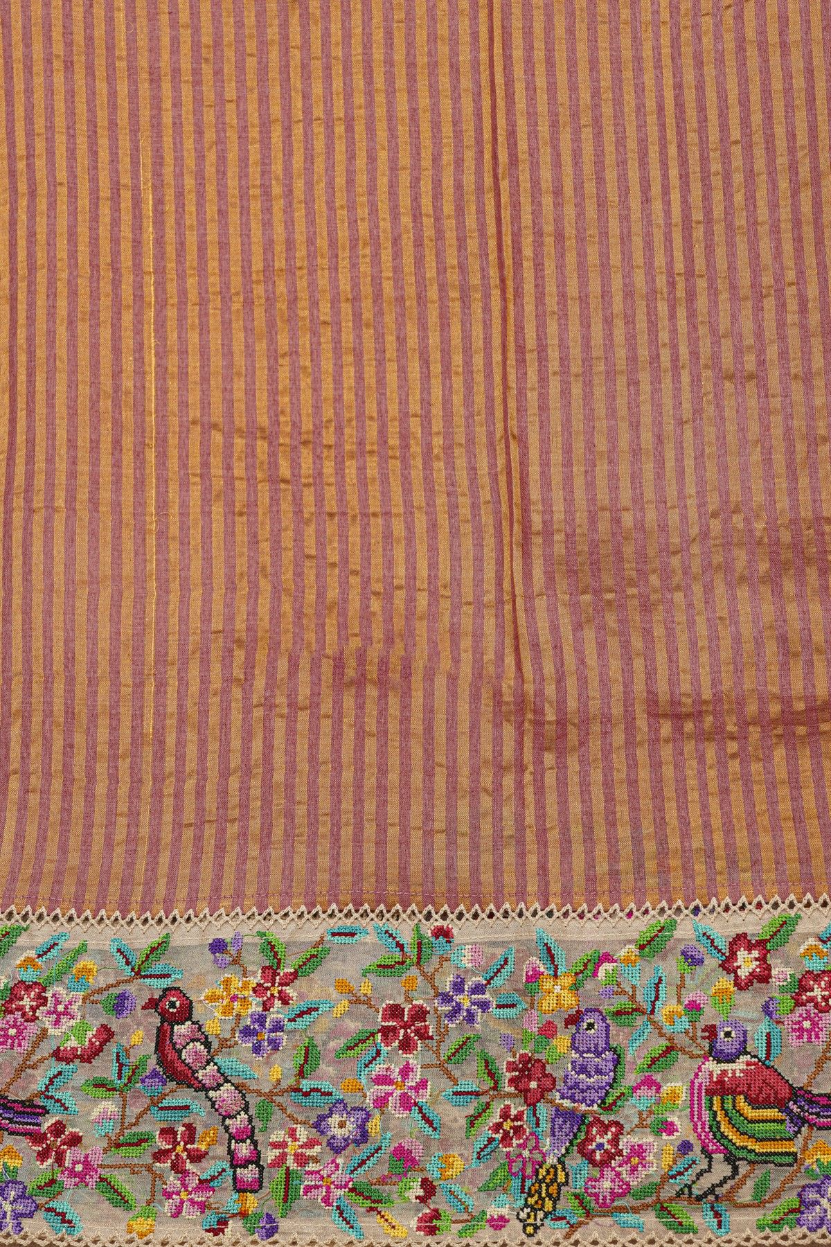 Fancy Tussar Dual Colour Saree With Florals And Birds In Thread Work Border