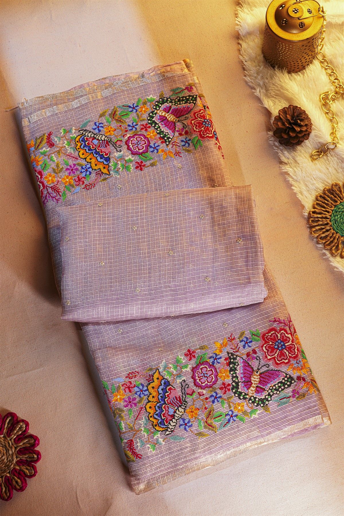 Fancy Tussar Onion Pink Saree With Florals And Butterflies In Thread Work Border