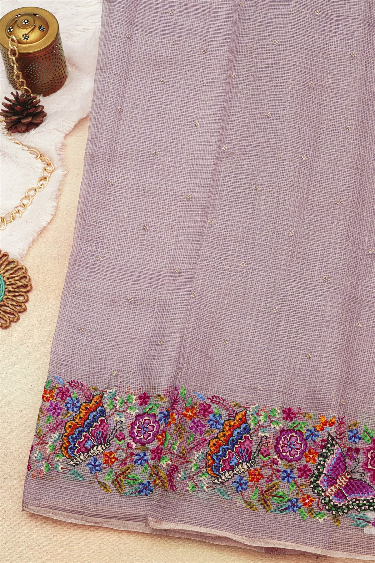 Fancy Tussar Onion Pink Saree With Florals And Butterflies In Thread Work Border